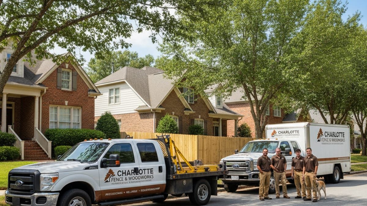 Professional fence services throughout Charlotte metro area - service trucks in neighborhood