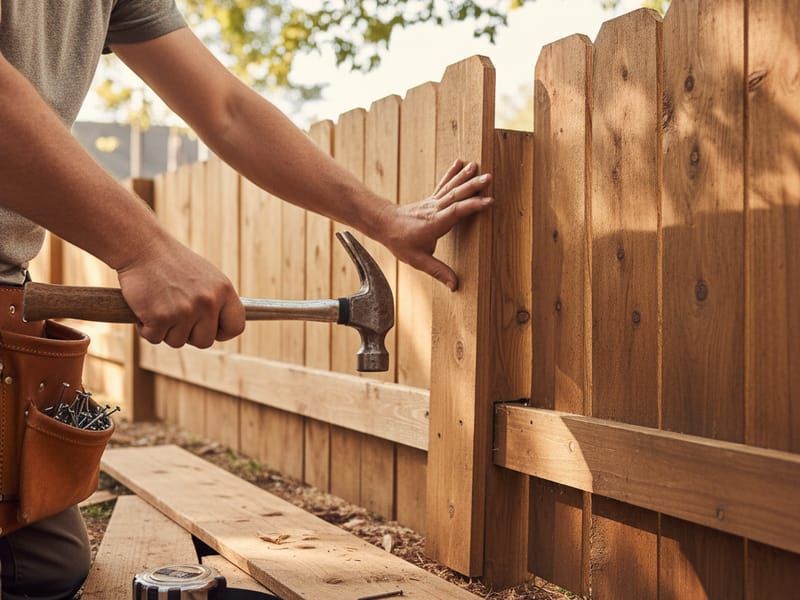 Professional fence repair - fixing broken boards and damaged sections