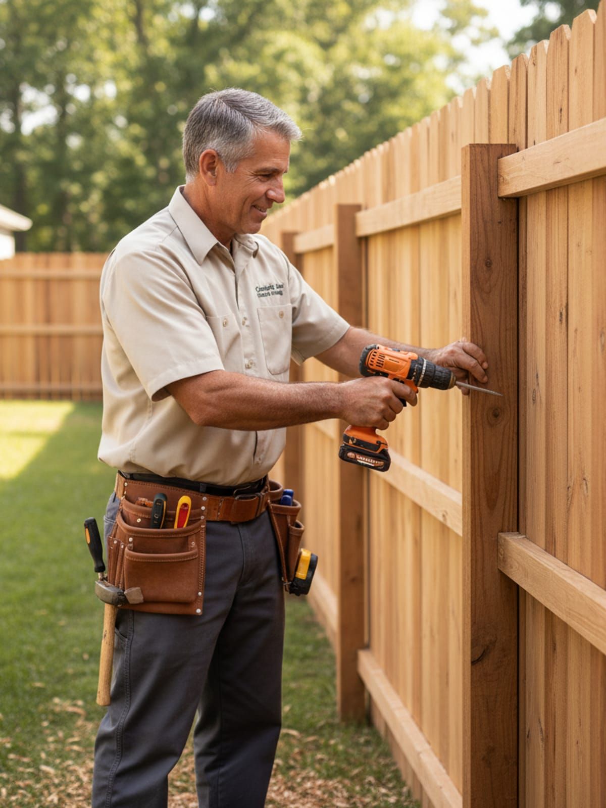 Experienced fence repair technician working in Charlotte showing quality craftsmanship